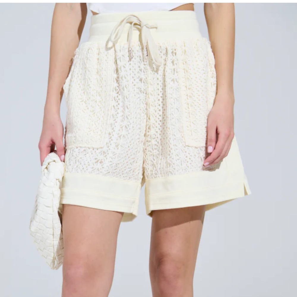 AKIRA Brooklyn Crochet Drawstring Bermuda Cream Off White Knit Shorts NWOT